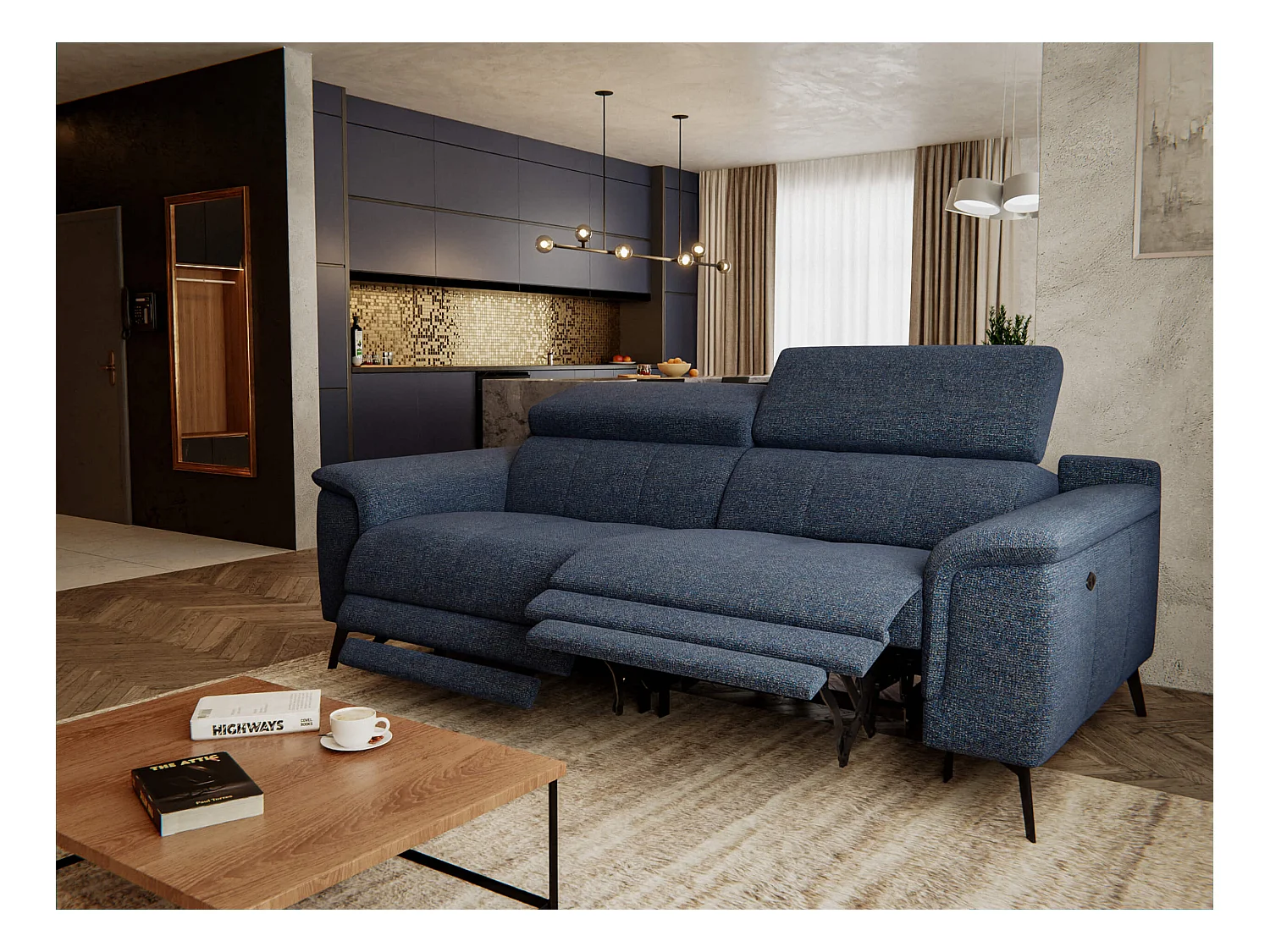 Canapé droit 3 places avec 2 relax électriques tissu bleu foncé -  FIERO