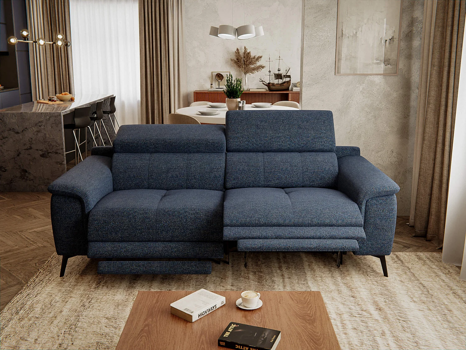 FIERO Sofa 3-Sitzer mit 2 Relaxfunktionen und verstellbare Kopfstützen, marineblau