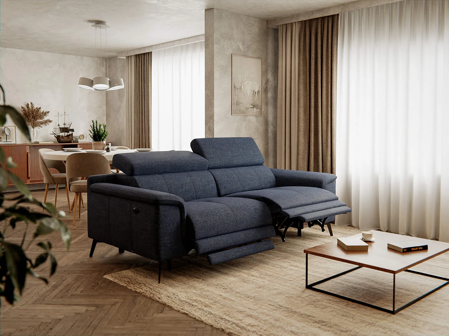 FIERO Sofa 3-Sitzer mit 2 Relaxfunktionen und verstellbare Kopfstützen, marineblau