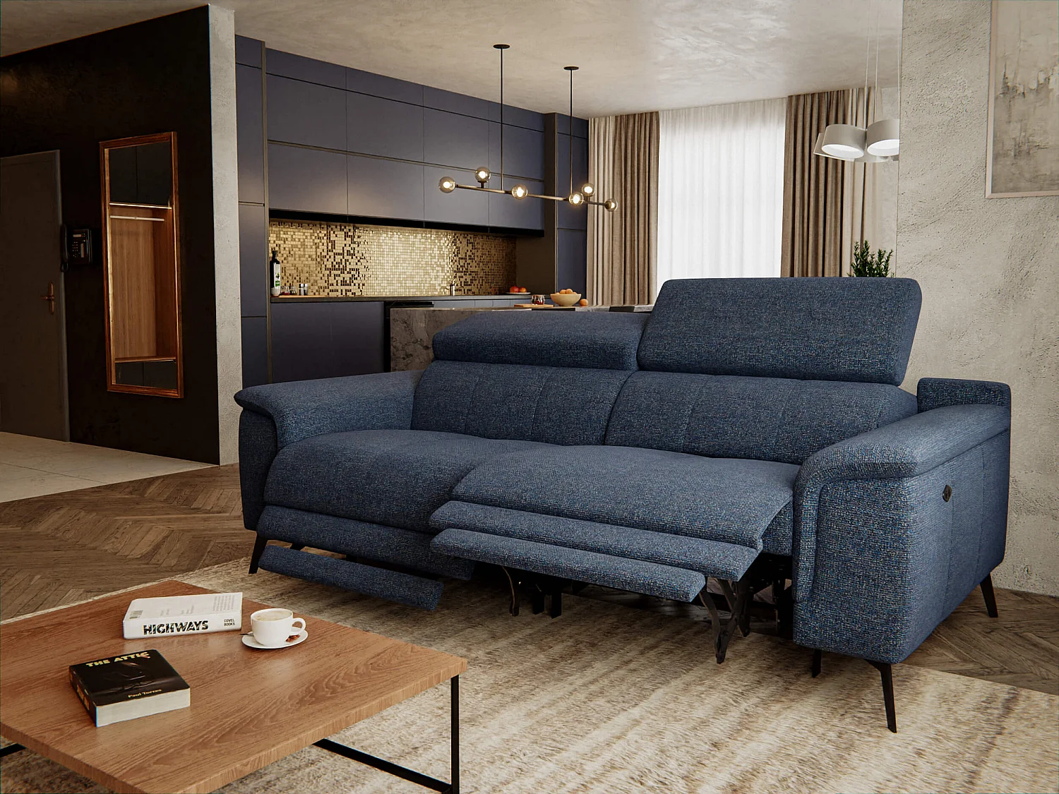 FIERO Sofa 3-Sitzer mit 2 Relaxfunktionen und verstellbare Kopfstützen, marineblau