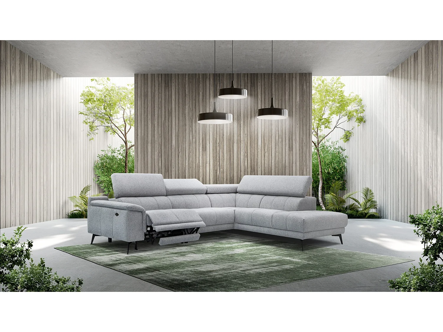 FIERO Ecksofa 5-Sitzer rechts mit 1 Relaxfunktion und verstellbare Kopfstützen, silbergrau