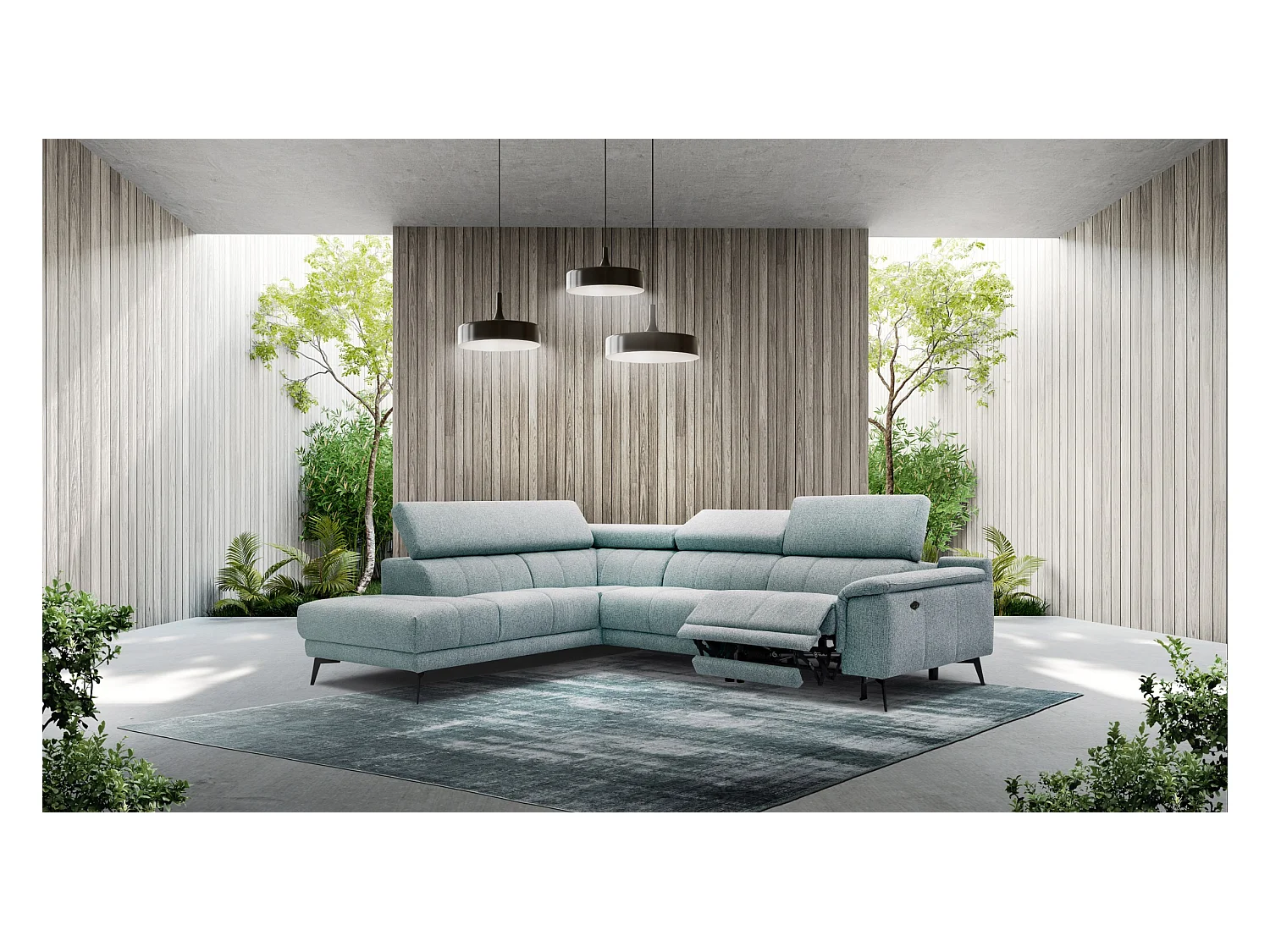 FIERO Ecksofa 5-Sitzer links mit 1 Relaxfunktion und verstellbare Kopfstützen, mint