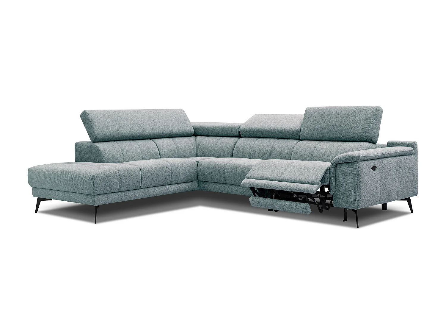 FIERO Ecksofa 5-Sitzer links mit 1 Relaxfunktion und verstellbare Kopfstützen, mint