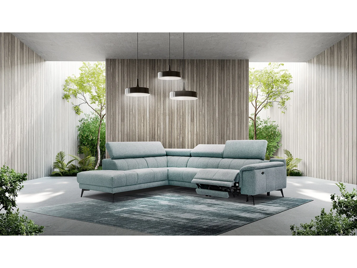 FIERO Ecksofa 5-Sitzer links mit 1 Relaxfunktion und verstellbare Kopfstützen, mint