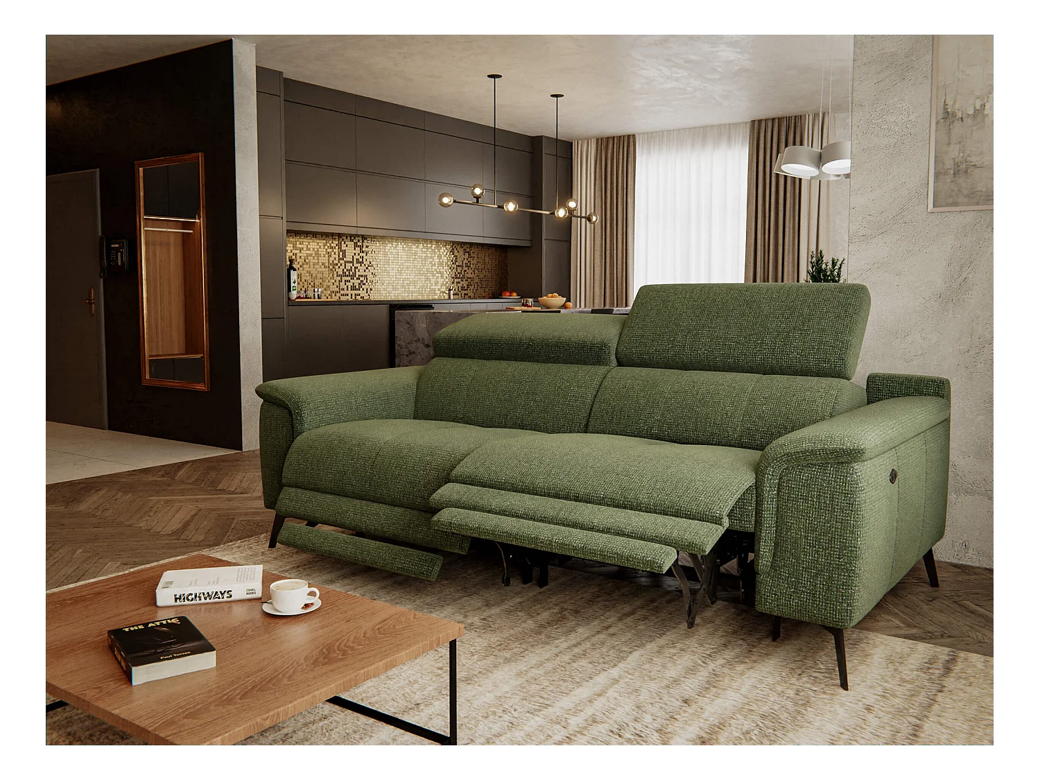 Canapé droit 3 places avec 2 relax électriques tissu vert olive - FIERO