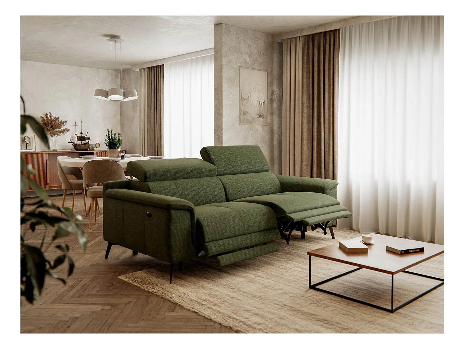 Canapé droit 3 places avec 2 relax électriques tissu vert olive - FIERO