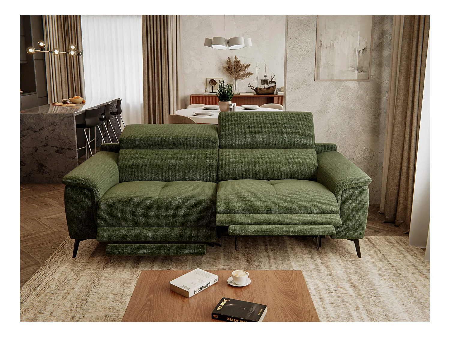 Canapé droit 3 places avec 2 relax électriques tissu vert olive - FIERO