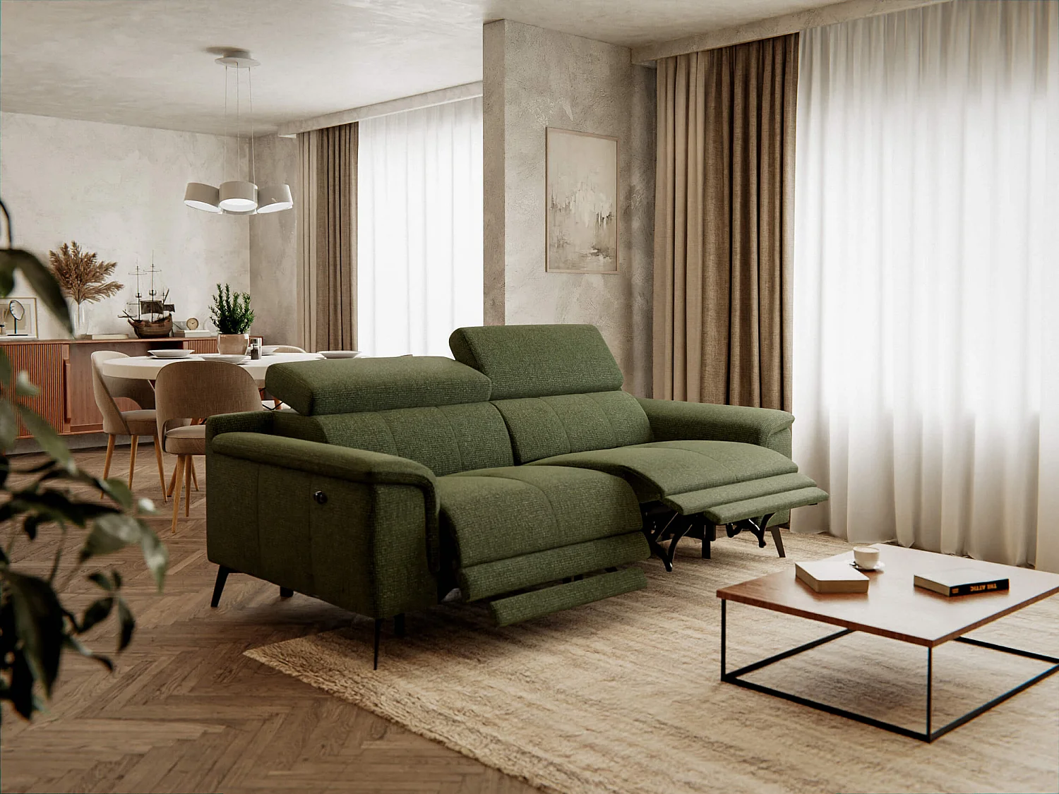 FIERO Sofa 3-Sitzer mit 2 Relaxfunktionen und verstellbare Kopfstützen, olive