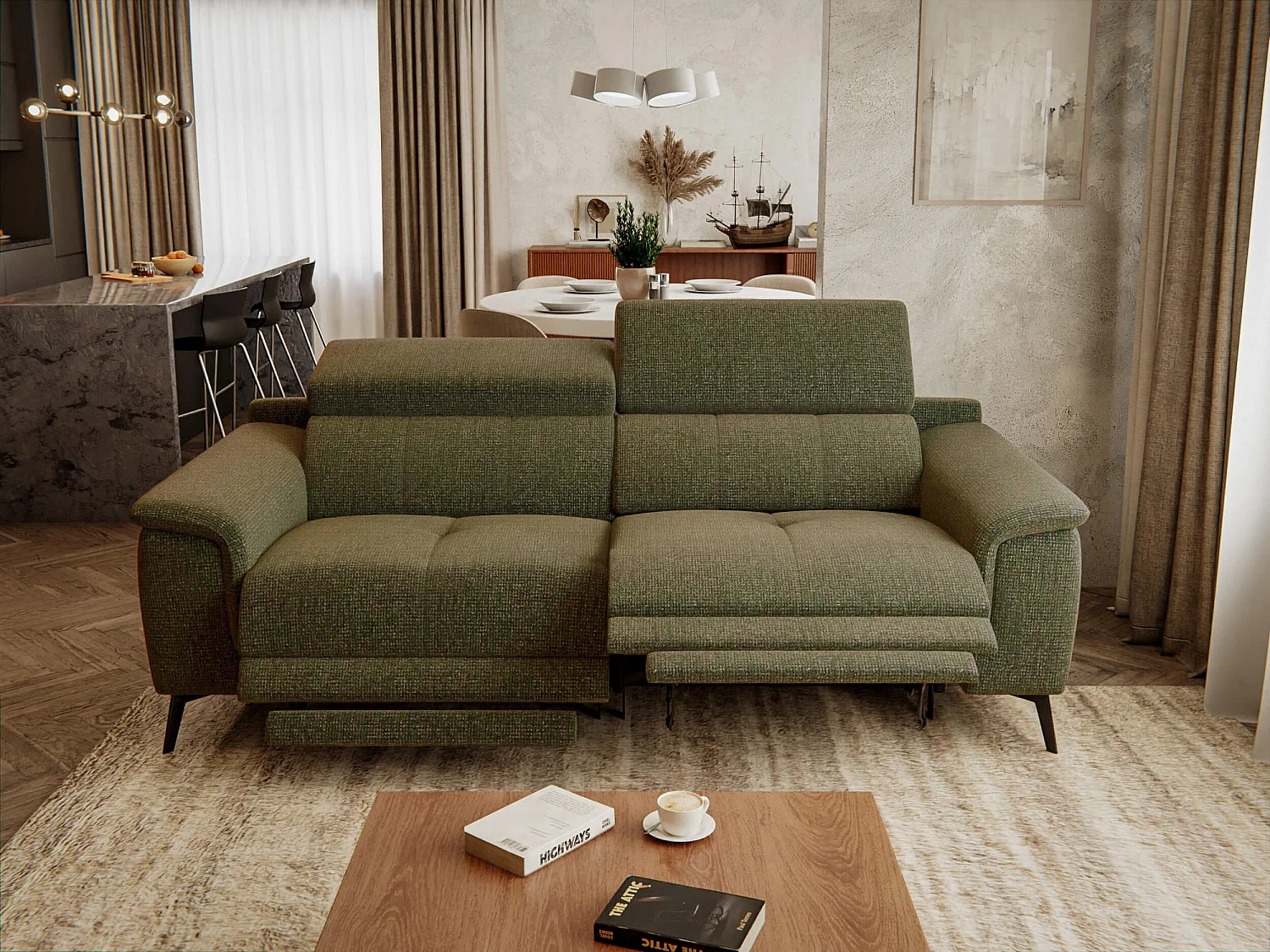 Canapé droit 3 places avec 2 relax électriques tissu vert olive - FIERO