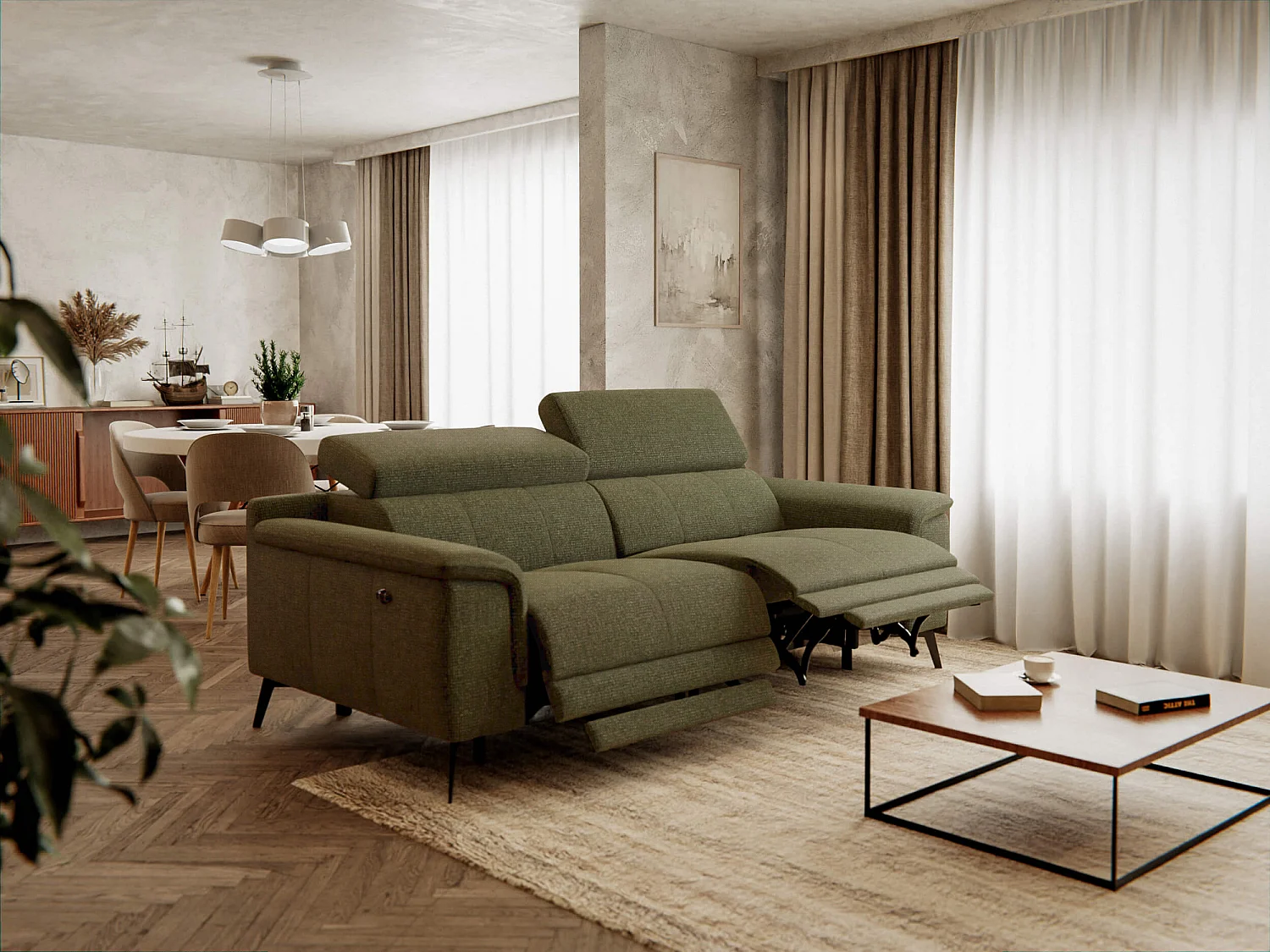 Canapé droit 3 places avec 2 relax électriques tissu vert olive - FIERO