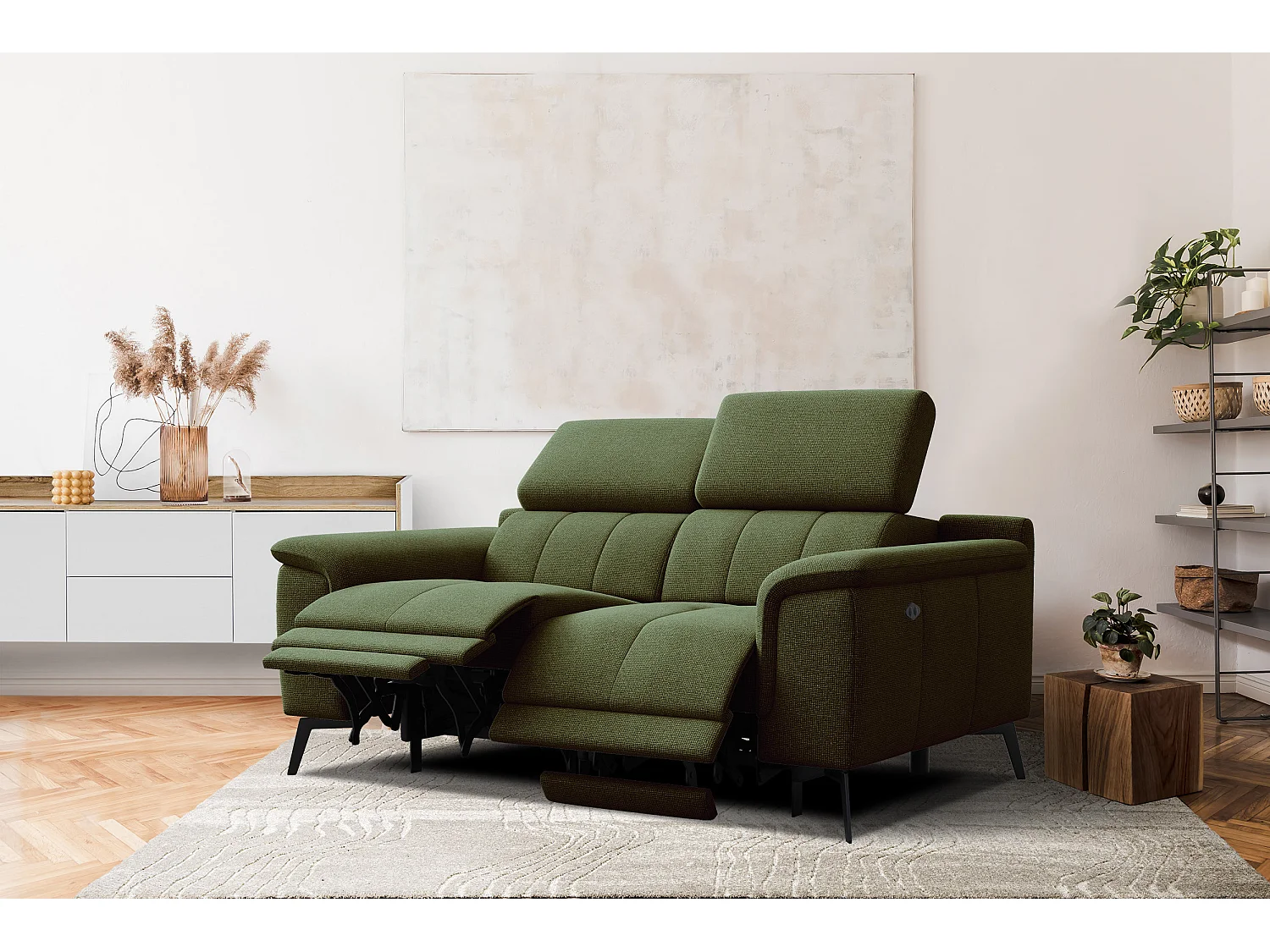 FIERO Sofa 2-Sitzer mit 2 Relaxfunktionen und verstellbare Kopfstützen, olive
