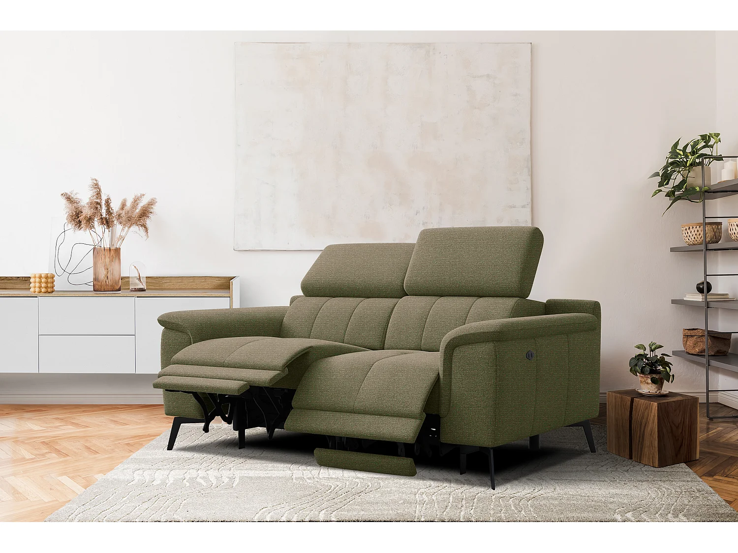 Canapé droit avec 2 relax électriques tissu olive - FIERO