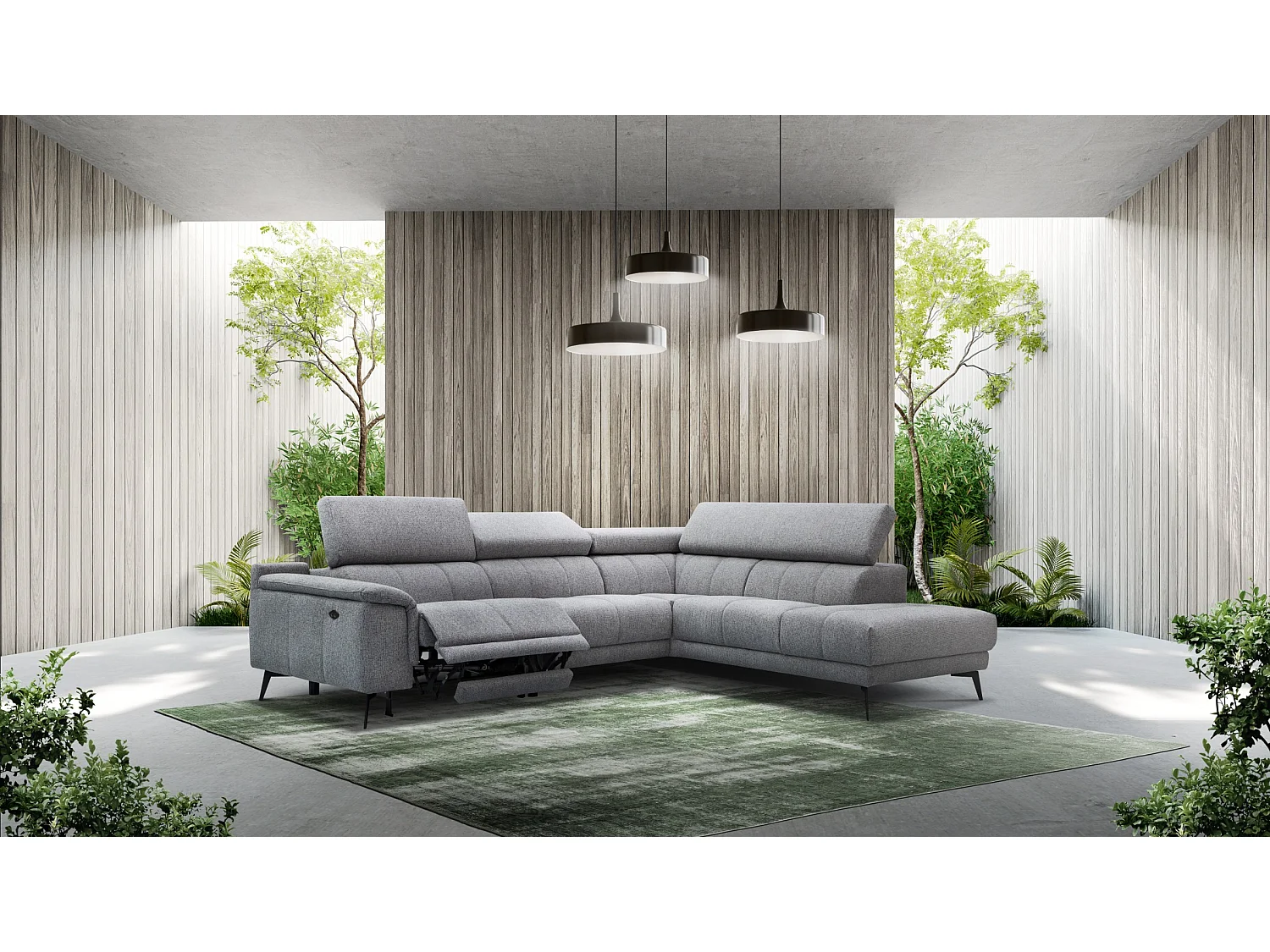 FIERO Ecksofa 5-Sitzer rechts mit 1 Relaxfunktion und verstellbare Kopfstützen, grau