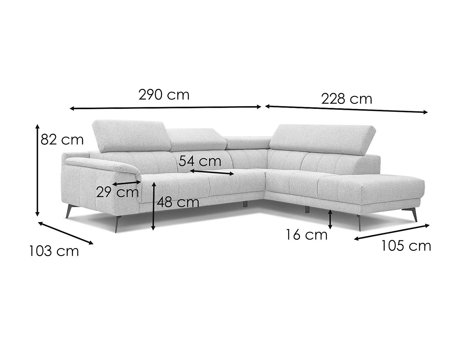 FIERO Ecksofa 5-Sitzer rechts mit 1 Relaxfunktion und verstellbare Kopfstützen, grau