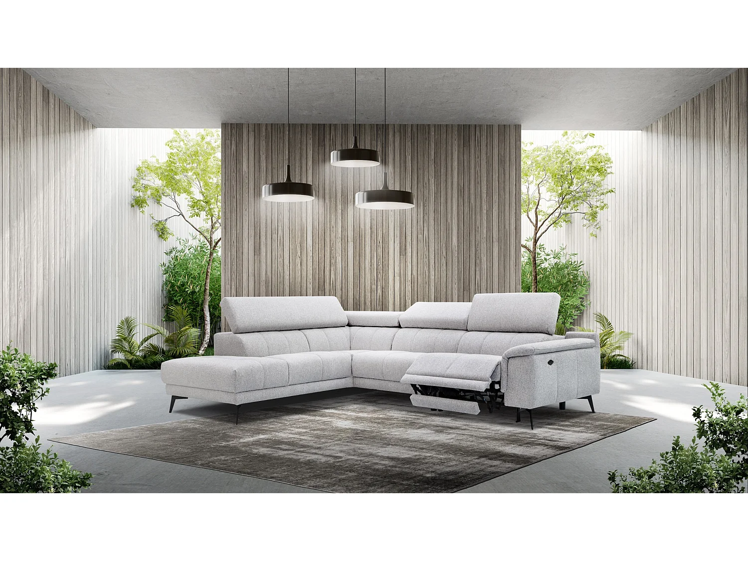 FIERO Ecksofa 5-Sitzer mit 1 Relaxfunktion und verstellbare Kopfstützen, creme
