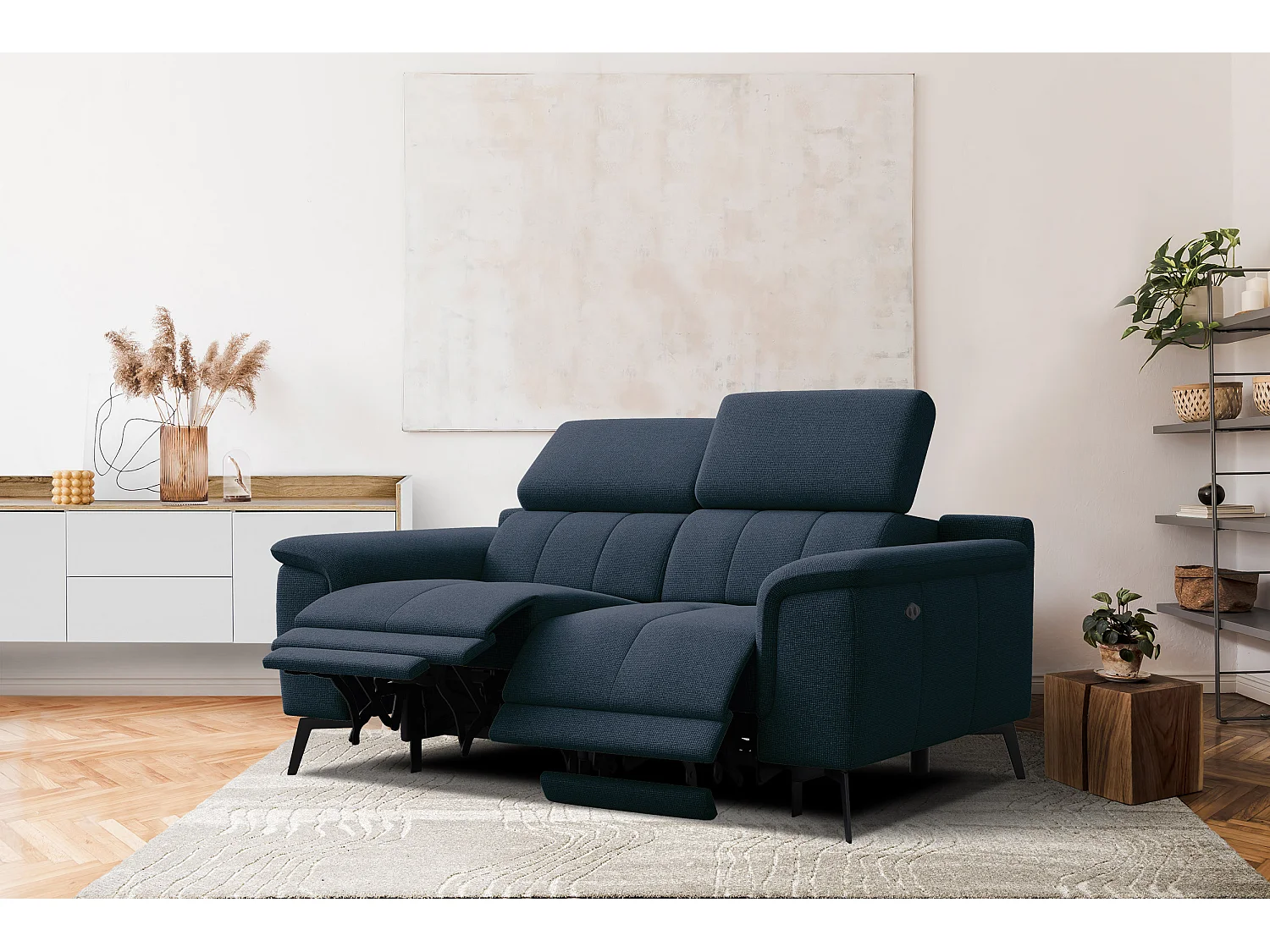 FIERO Sofa 2-Sitzer mit 2 Relaxfunktionen und verstellbare Kopfstützen, marineblau