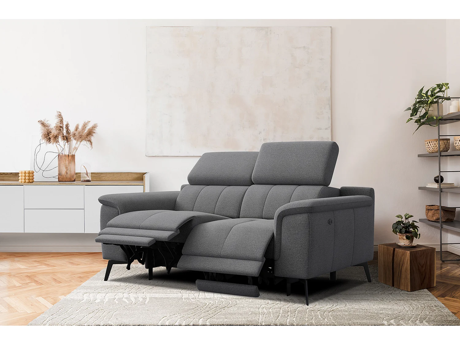 FIERO Sofa 2-Sitzer mit 2 Relaxfunktionen und verstellbare Kopfstützen, grau