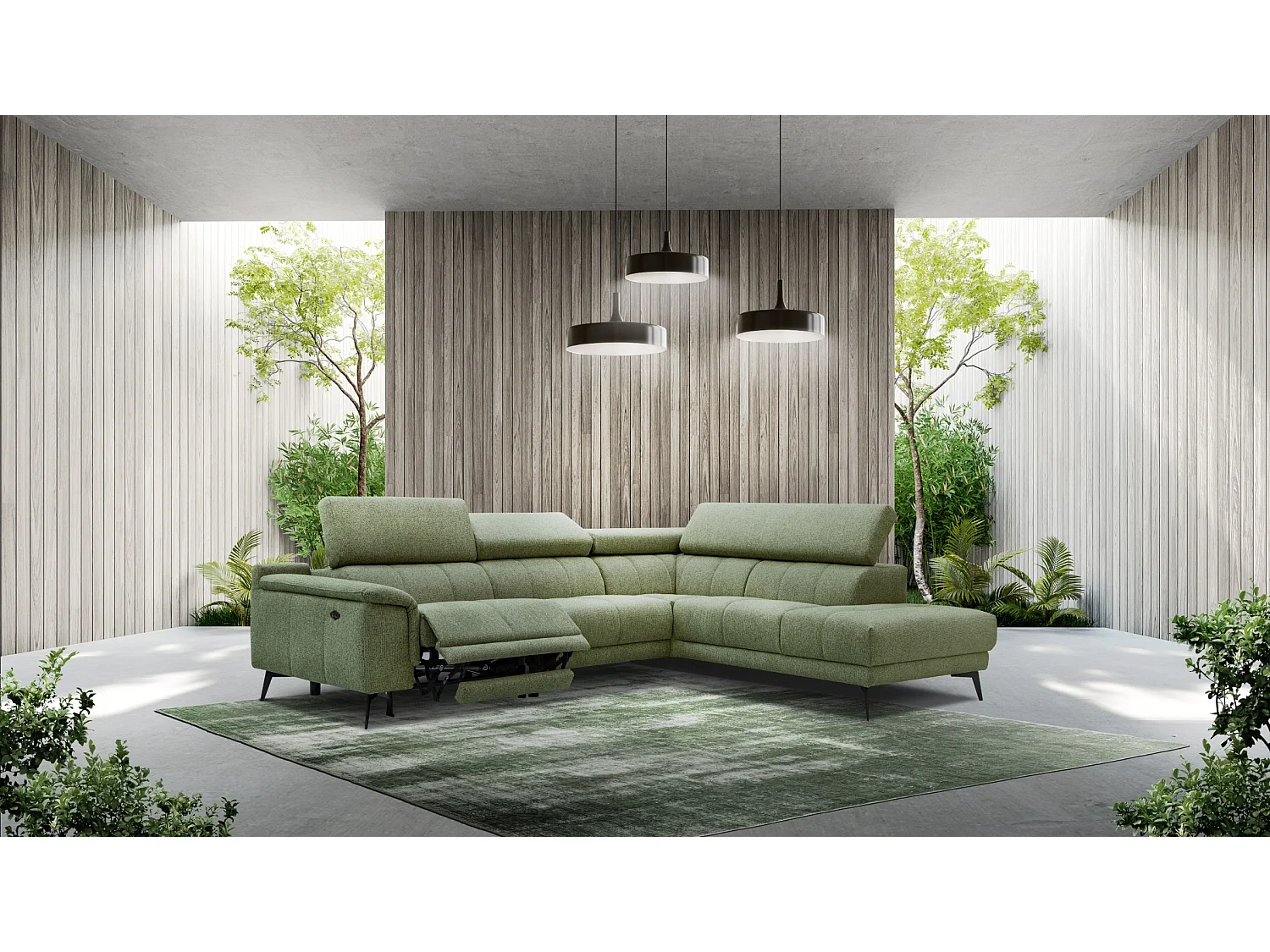 FIERO Ecksofa 5-Sitzer rechts mit 1 Relaxfunktion und verstellbare Kopfstützen, olive