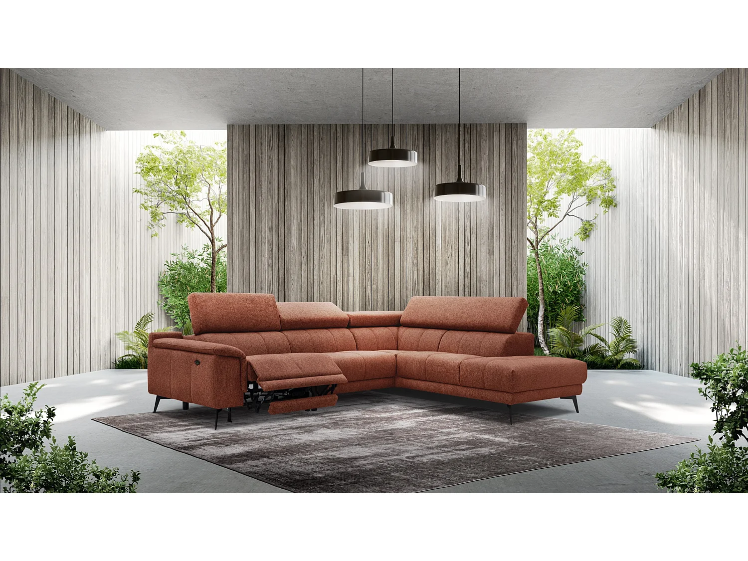 FIERO Ecksofa 5-Sitzer rechts mit 1 Relaxfunktion und verstellbare Kopfstützen, dunkelorange