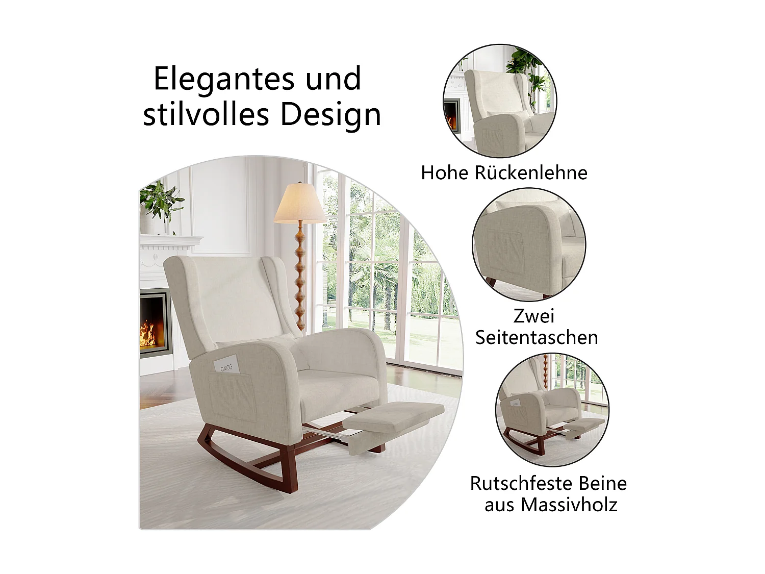 Schommelstoel met voetenbankje, Woonkamer Relaxstoel, Schommelstoel met fluwelen look, Draagvermogen tot 150 kg, voor Woonkamer, Slaapkamer, 64 x 67 x 99 cm (Beige)