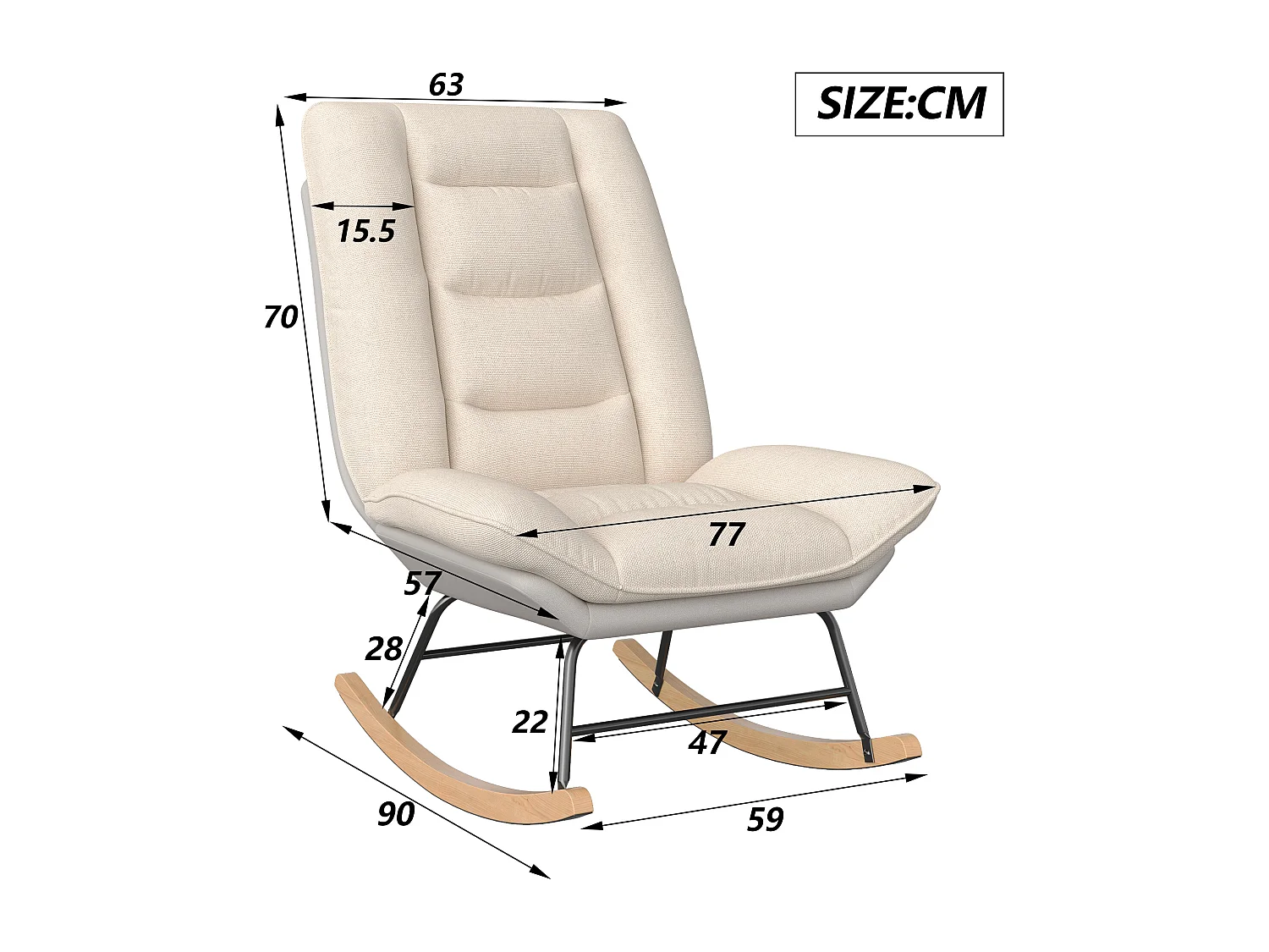 Scandinavische houten fauteuil, schommelstoel, schommelstoel, massief hout en metalen structuur, beige linnen, 77 x 90 x 100 cm