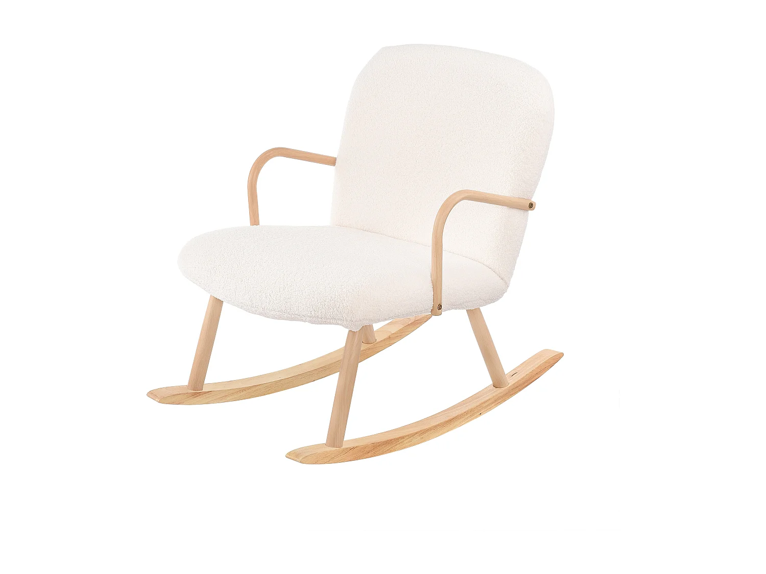 Fauteuil scandinave en Bois, Fauteuil à Bascule, Rocking Chair, Structure en Bois, Sherpa Blanc, 64 x 96 x 85 cm