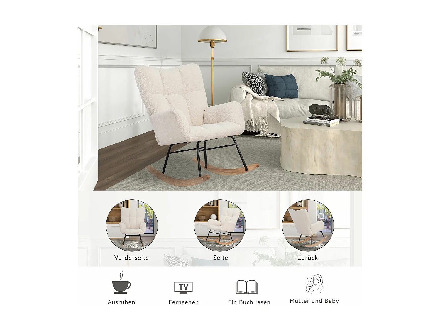 Moderne schommelstoel van teddyfluweel, schommelstoel met armleuningen, voor woonkamer, slaapkamer, balkon, maximale belasting: 250 lbs, wit