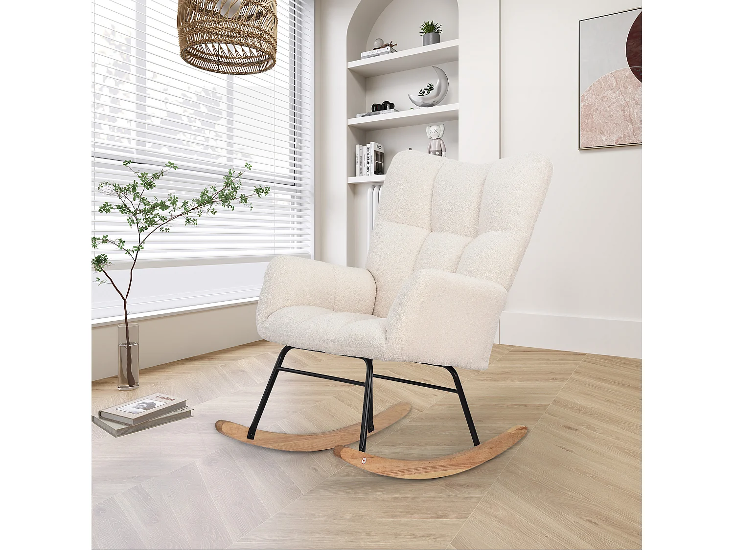 Moderne schommelstoel van teddyfluweel, schommelstoel met armleuningen, voor woonkamer, slaapkamer, balkon, maximale belasting: 250 lbs, wit