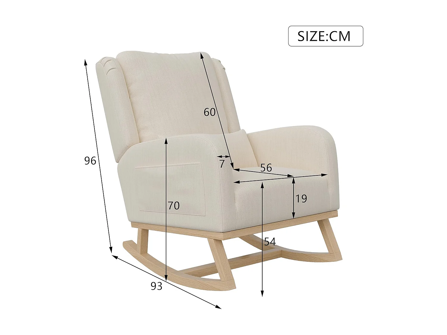 Fauteuil à Bascule, Chaise à Bascule Scandinaves, Fauteuil Relax avec Oreillers et Accoudoirs, Base en Bois Massif, Tissu en Lin, Beige