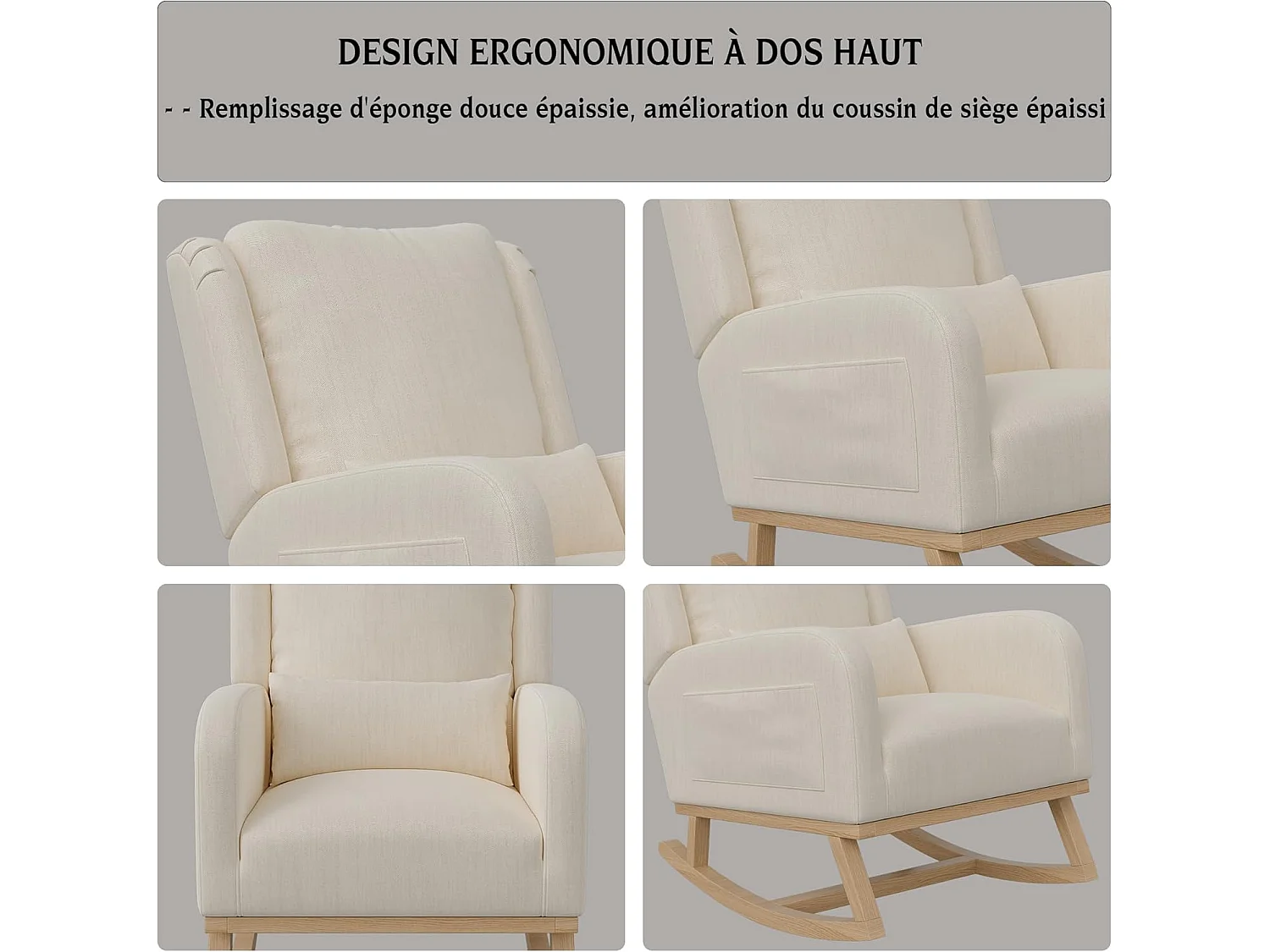 Fauteuil à Bascule, Chaise à Bascule Scandinaves, Fauteuil Relax avec Oreillers et Accoudoirs, Base en Bois Massif, Tissu en Lin, Beige