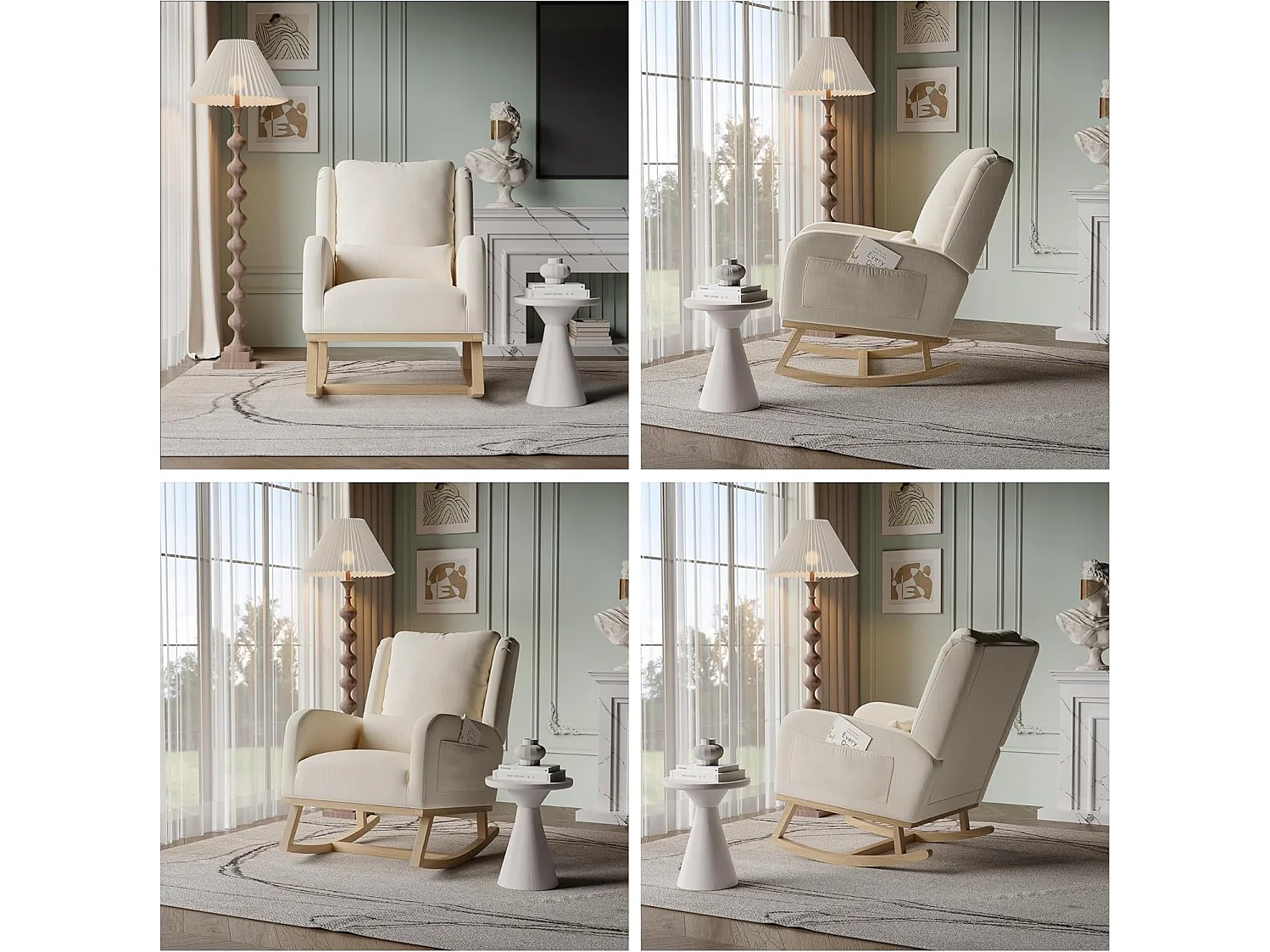 Fauteuil à Bascule, Chaise à Bascule Scandinaves, Fauteuil Relax avec Oreillers et Accoudoirs, Base en Bois Massif, Tissu en Lin, Beige