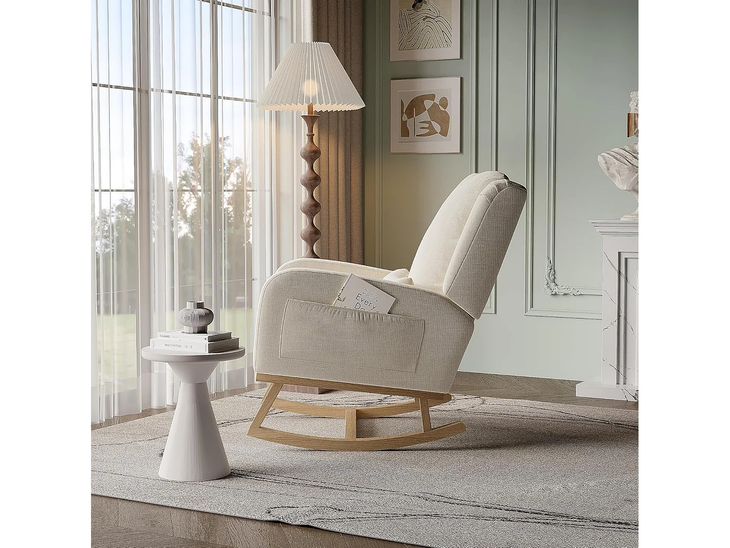 Fauteuil à Bascule, Chaise à Bascule Scandinaves, Fauteuil Relax avec Oreillers et Accoudoirs, Base en Bois Massif, Tissu en Lin, Beige