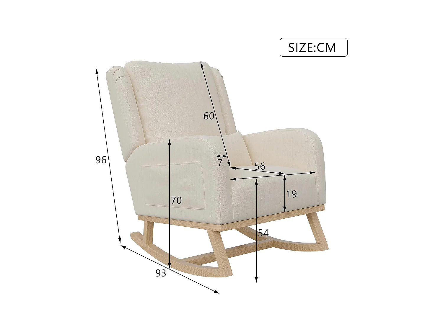 Fauteuil à Bascule, Chaise à Bascule Scandinaves, Fauteuil Relax avec Oreillers et Accoudoirs, Base en Bois Massif, Tissu en Lin, Beige