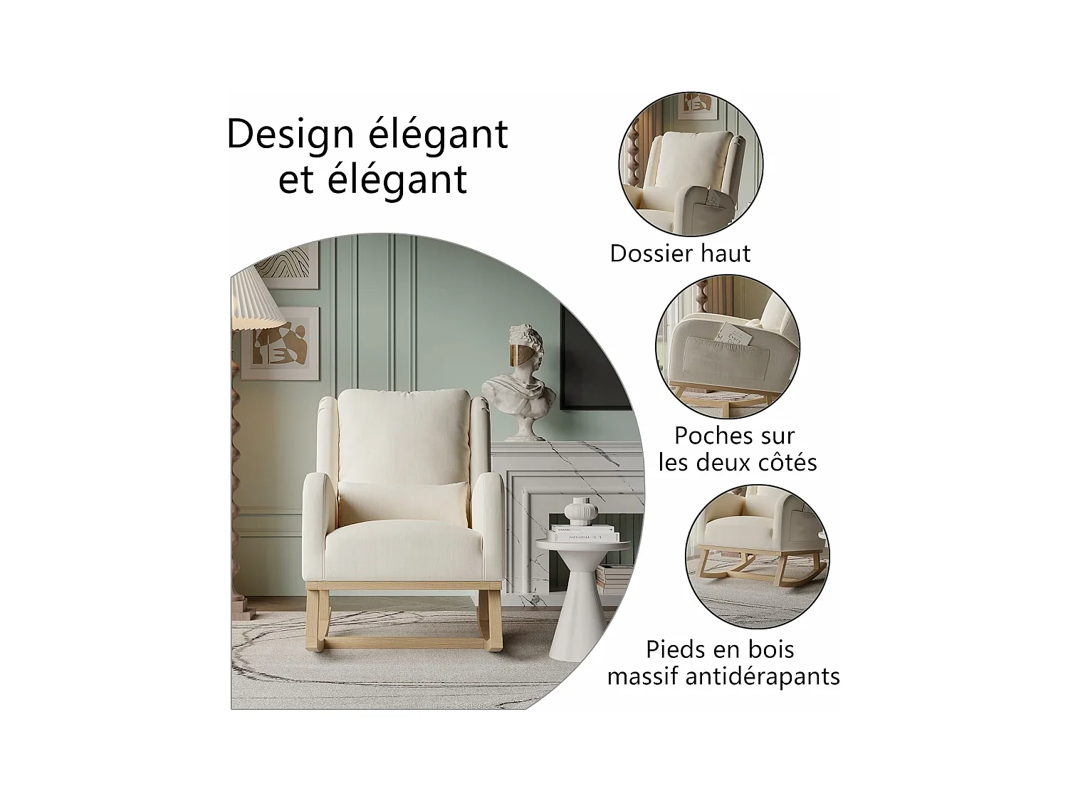 Fauteuil à Bascule, Chaise à Bascule Scandinaves, Fauteuil Relax avec Oreillers et Accoudoirs, Base en Bois Massif, Tissu en Lin, Beige