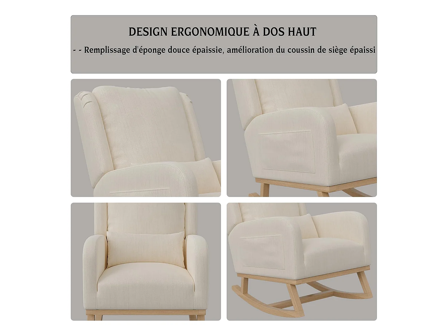Fauteuil à Bascule, Chaise à Bascule Scandinaves, Fauteuil Relax avec Oreillers et Accoudoirs, Base en Bois Massif, Tissu en Lin, Beige