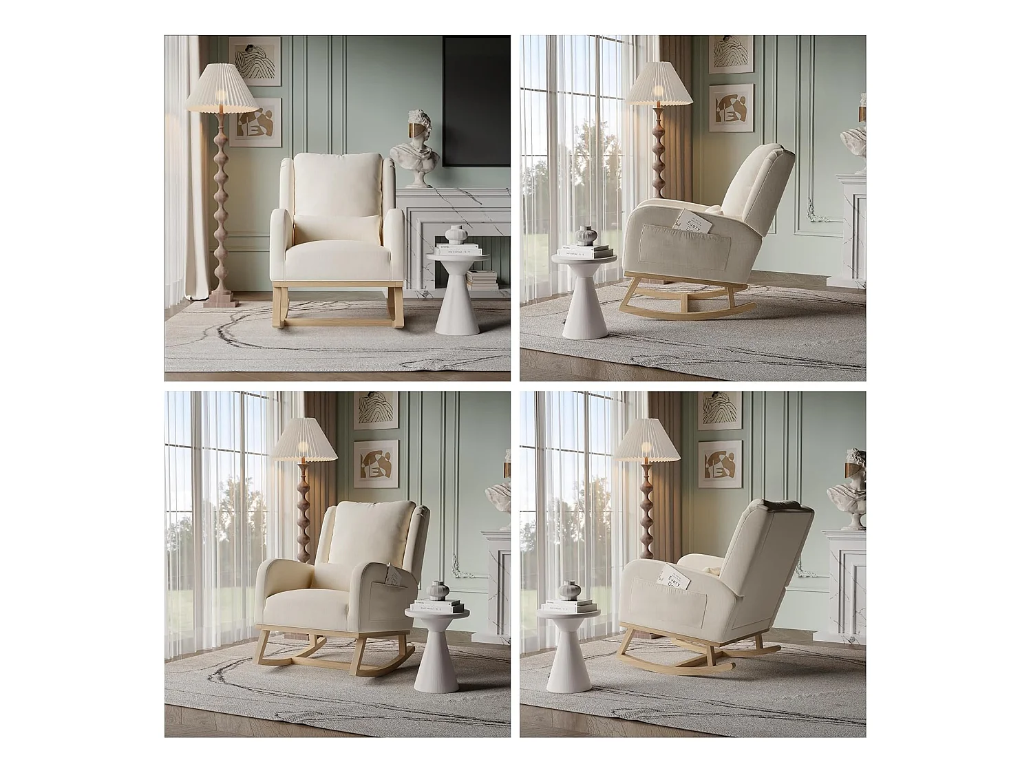 Fauteuil à Bascule, Chaise à Bascule Scandinaves, Fauteuil Relax avec Oreillers et Accoudoirs, Base en Bois Massif, Tissu en Lin, Beige