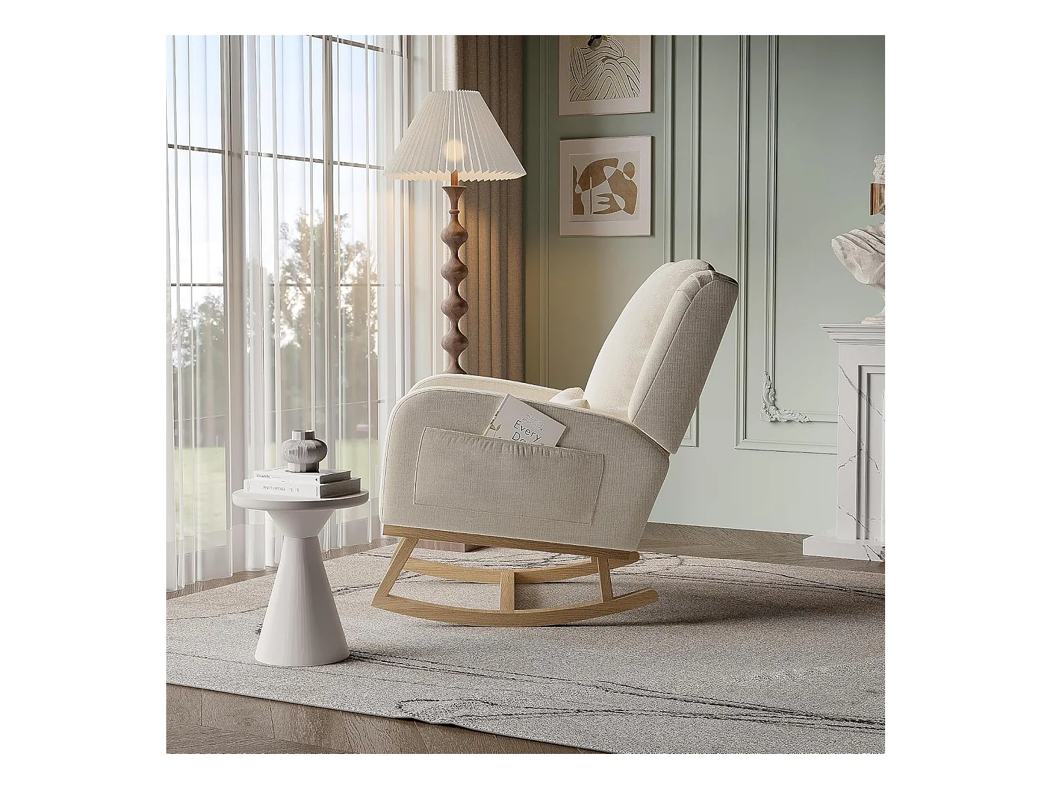 Fauteuil à Bascule, Chaise à Bascule Scandinaves, Fauteuil Relax avec Oreillers et Accoudoirs, Base en Bois Massif, Tissu en Lin, Beige
