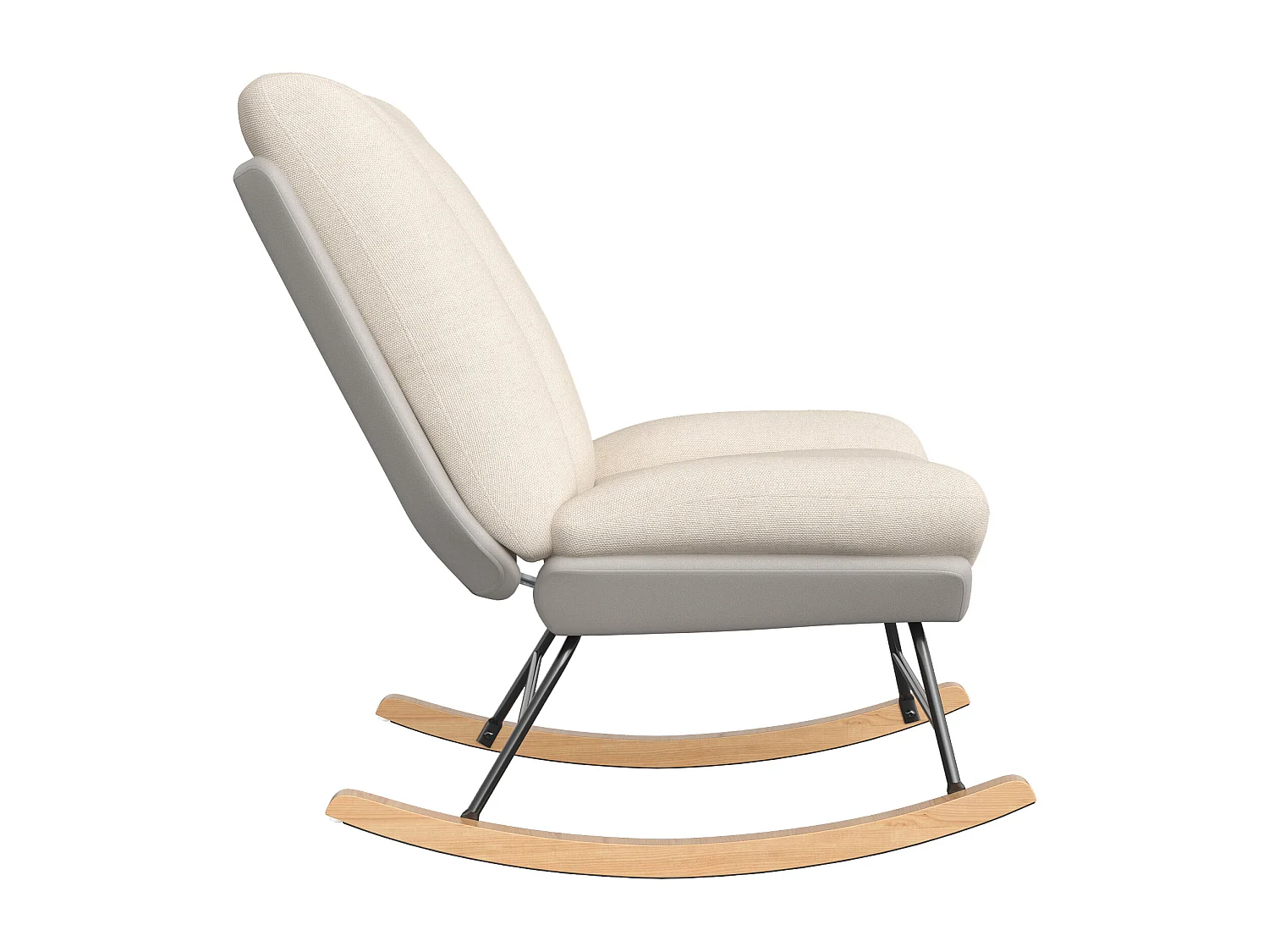 Scandinavische houten fauteuil, schommelstoel, schommelstoel, massief hout en metalen structuur, beige linnen, 74 x 90,5 x 100 cm