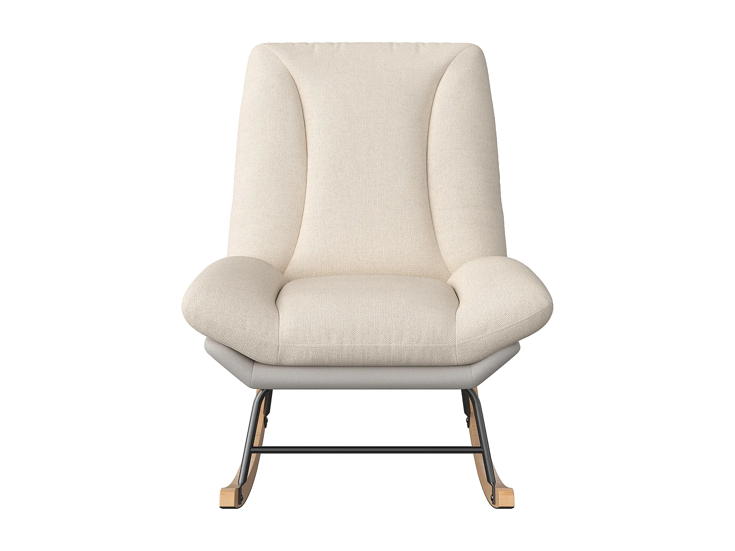Scandinavische houten fauteuil, schommelstoel, schommelstoel, massief hout en metalen structuur, beige linnen, 74 x 90,5 x 100 cm