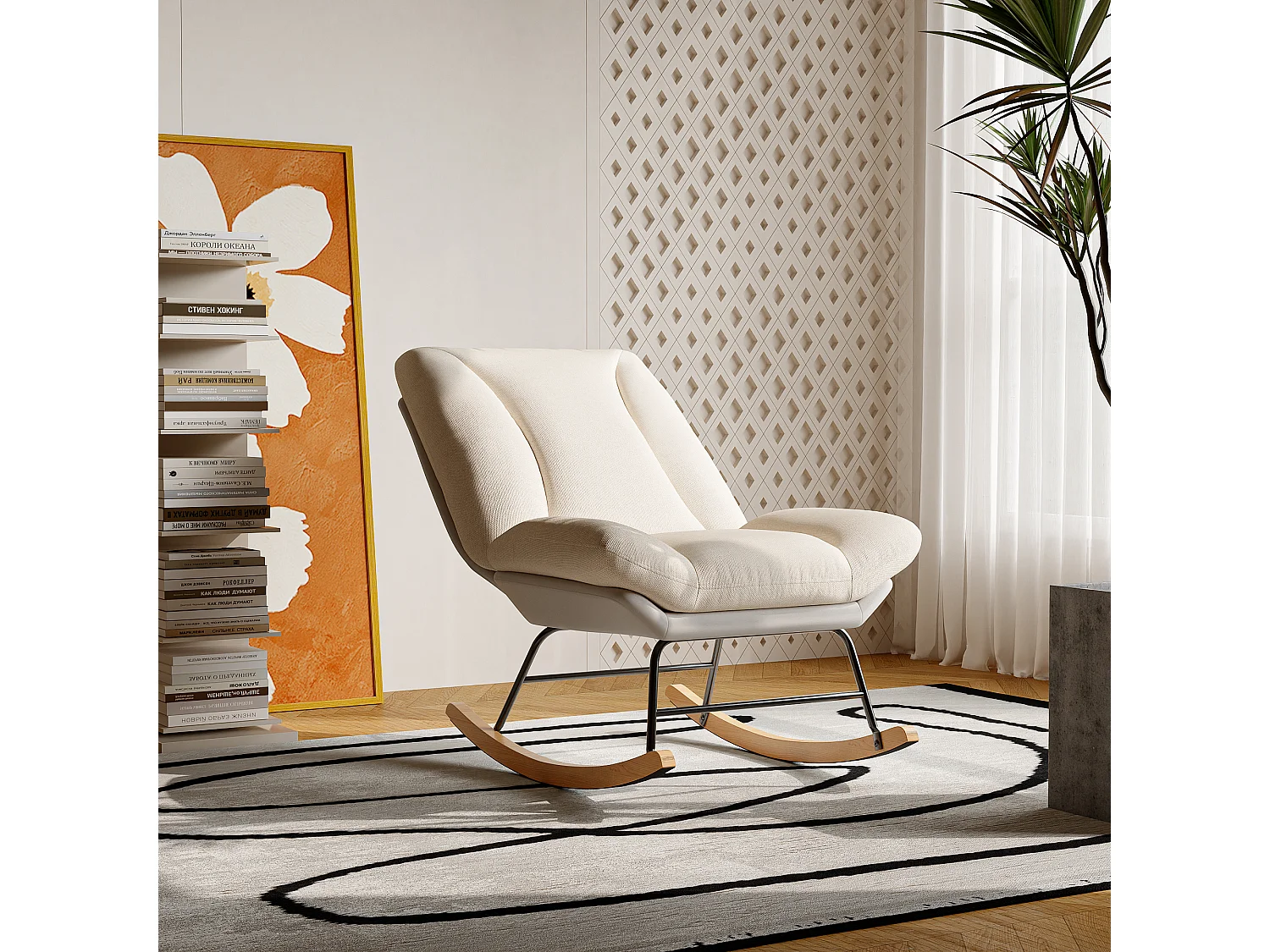 Scandinavische houten fauteuil, schommelstoel, schommelstoel, massief hout en metalen structuur, beige linnen, 74 x 90,5 x 100 cm