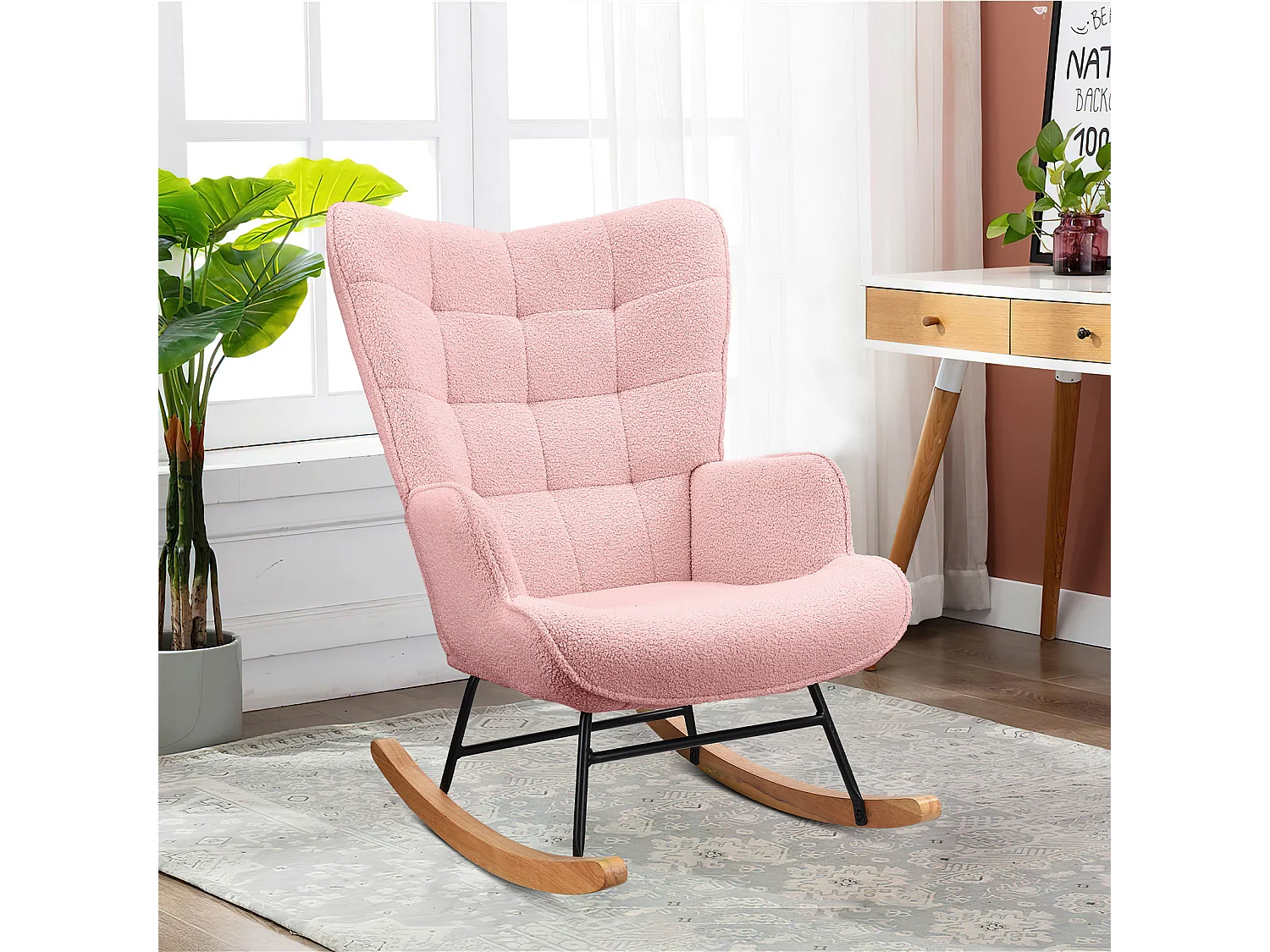 Schommelstoel, Rocking Chair, Relaxfauteuil voor de woonkamer, Massief Houten en metalen Frame - met Hoog Ruggensteun, Fluwelen Stof (Roze)