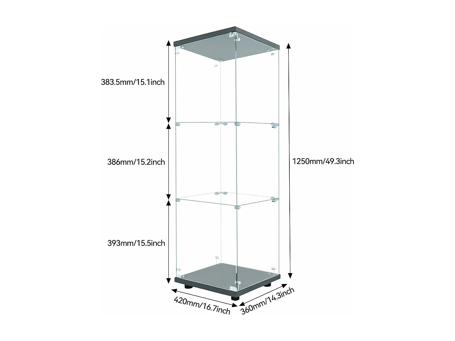 Vitrine en verre debout avec LED - 46 x 36 x 125 cm - 3 couches - Moderne - Pour objets de collection, livres, vin - Noir avec lumière LED - 42 x 36 x 125 cm