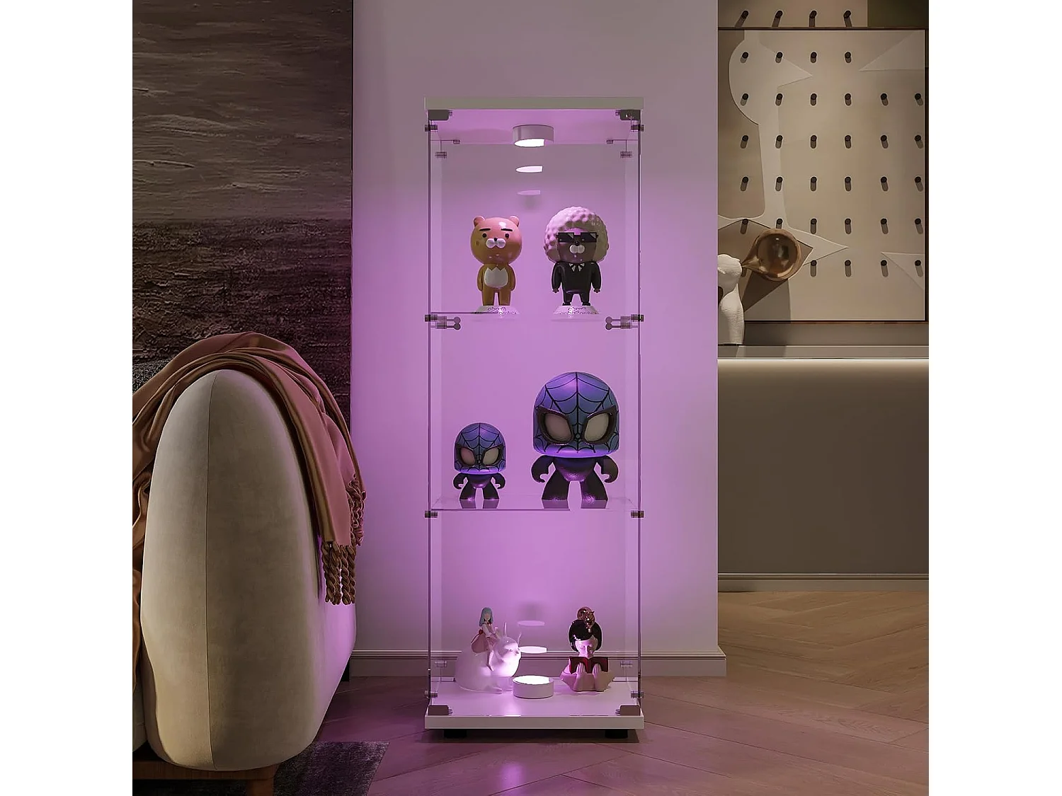 Vitrine en verre debout avec LED - 46 x 36 x 125 cm - 3 couches - Moderne - Pour objets de collection - Livres - Vin (blanc avec lumière LED, 42 x 36 x 125 cm)