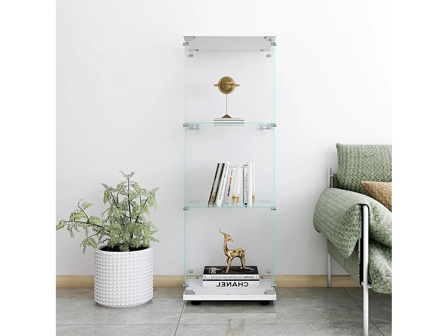 Vitrina de pie de cristal (46 x 36 x 125 cm), moderna, de 3 niveles, para objetos de colección, libros y vino, color blanco, 42 x 36 x 125 cm