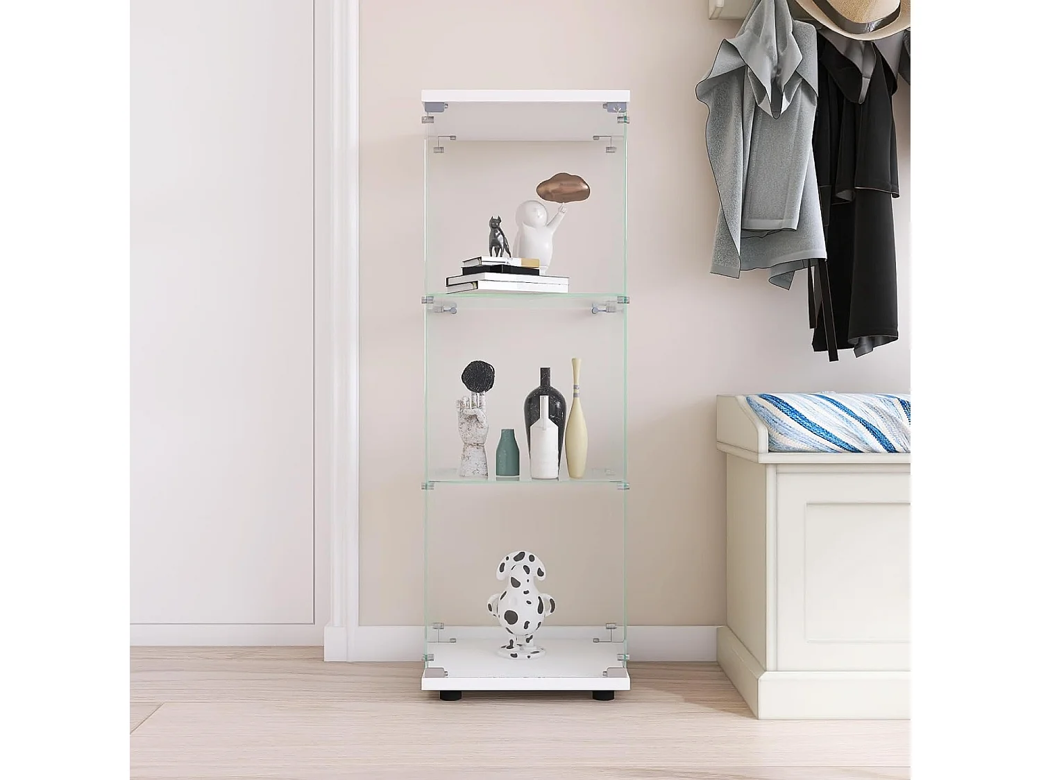 Vitrine en verre debout 46 x 36 x 125 cm, vitrine à 3 couches, moderne, en verre, pour objets de collection, livres, vin, blanc, 42 x 36 x 125 cm