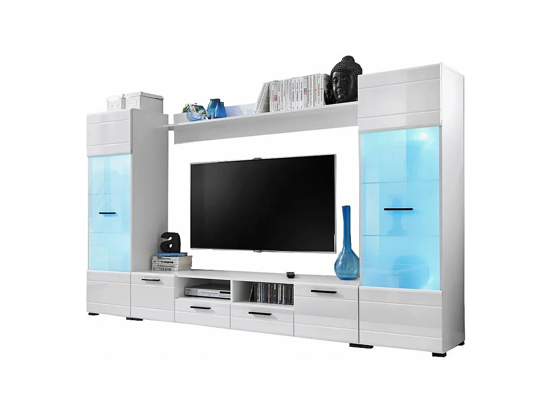 Meuble TV Switch 260 cm BLANC laqué avec vitrines LED multicolore