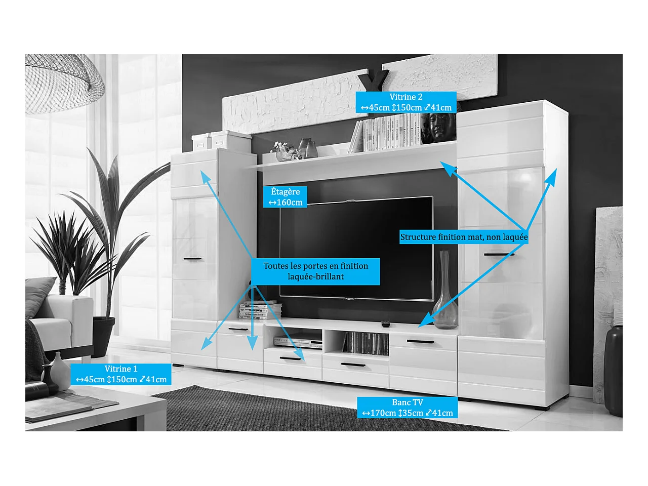 Meuble TV Switch 260 cm BLANC laqué avec vitrines LED multicolore