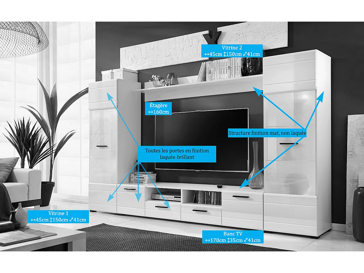 Meuble TV Switch 260 cm BLANC laqué avec vitrines LED multicolore