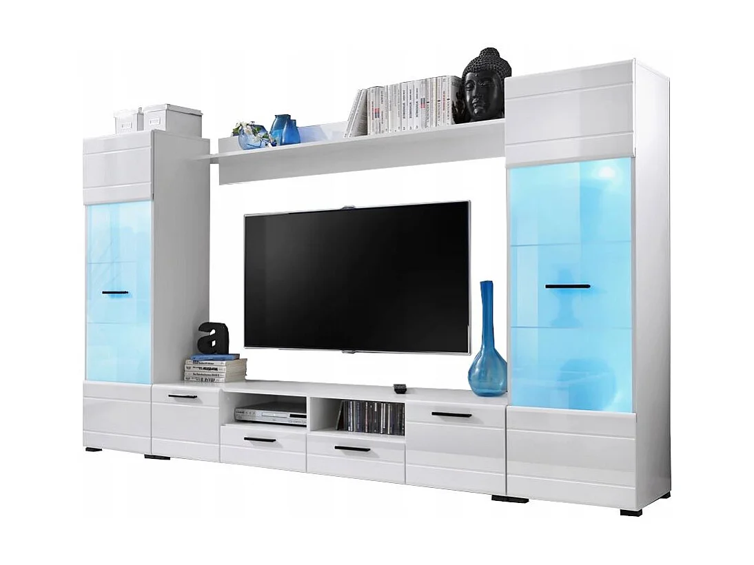 Meuble TV Switch 260 cm BLANC laqué avec vitrines LED multicolore