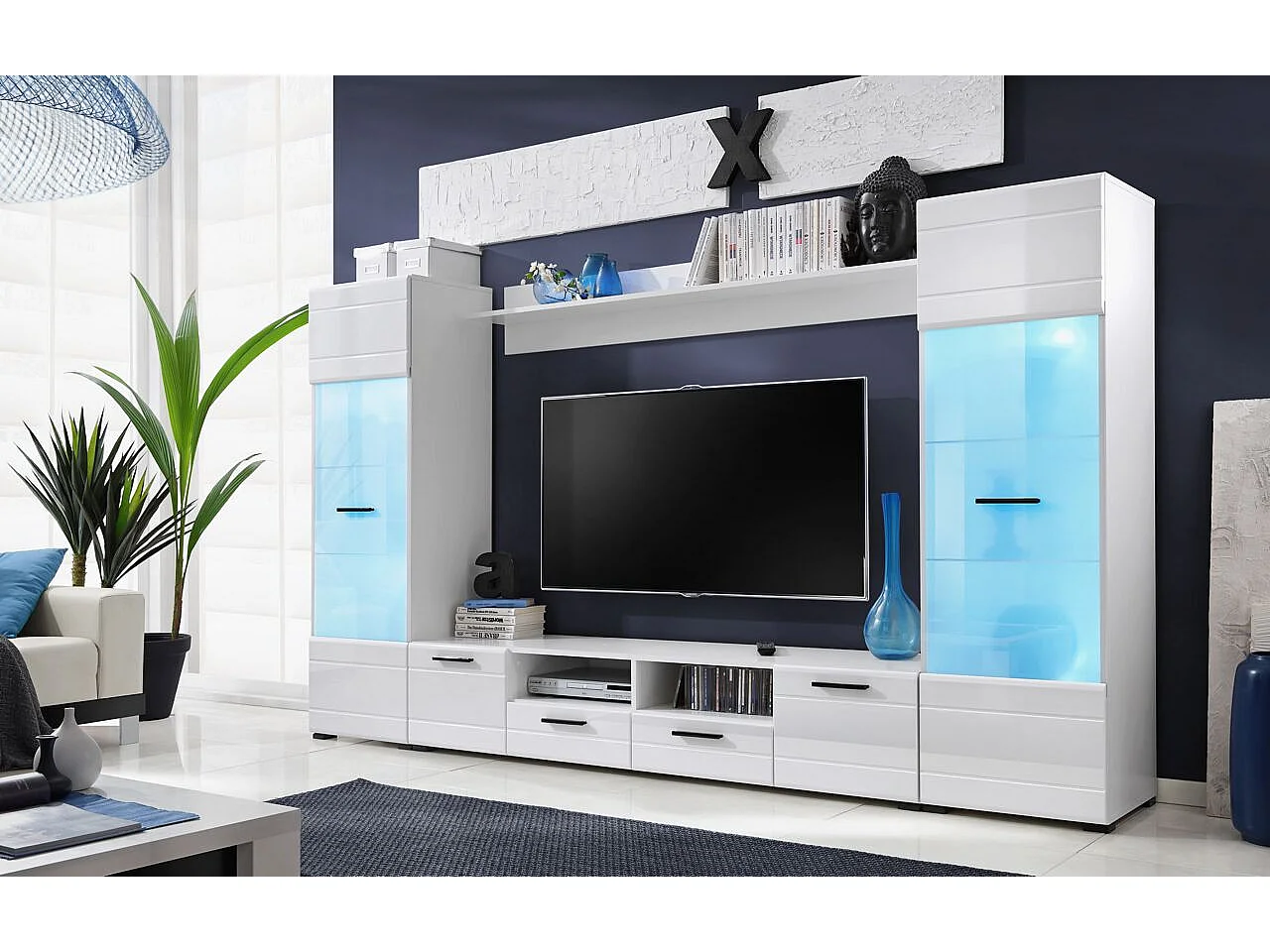 Meuble TV Switch 260 cm BLANC laqué avec vitrines LED multicolore